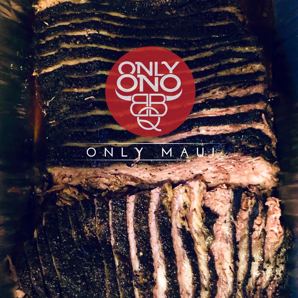 Close-up of sliced, dark-crusted brisket with the red Only Ono BBQ logo overlaid.